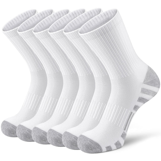Airacker Athletic Socks Sport Running Calf Socks Performance Cushioned Breathable Crew Socks for Men Women(6 Pairs) — White