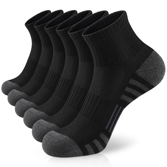 Airacker Athletic Quarter Socks with Cushion Running Ankle Socks for Men Women 6 Pairs — Black