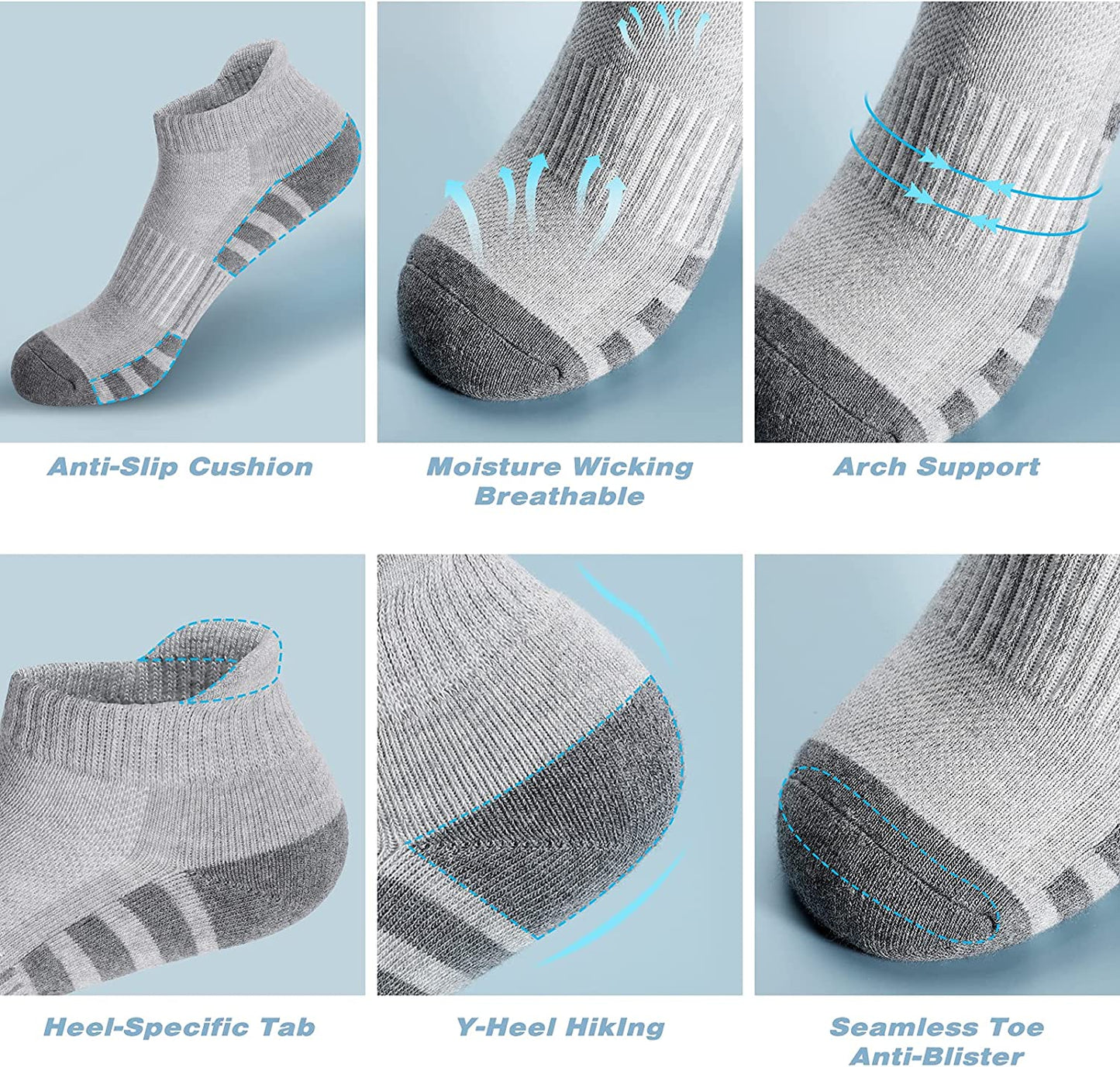 Athletic Running Ankle Socks, Low Cut Cushioned Performance Anti-Blister Tab Sports Socks for Men Women 6 Pairs