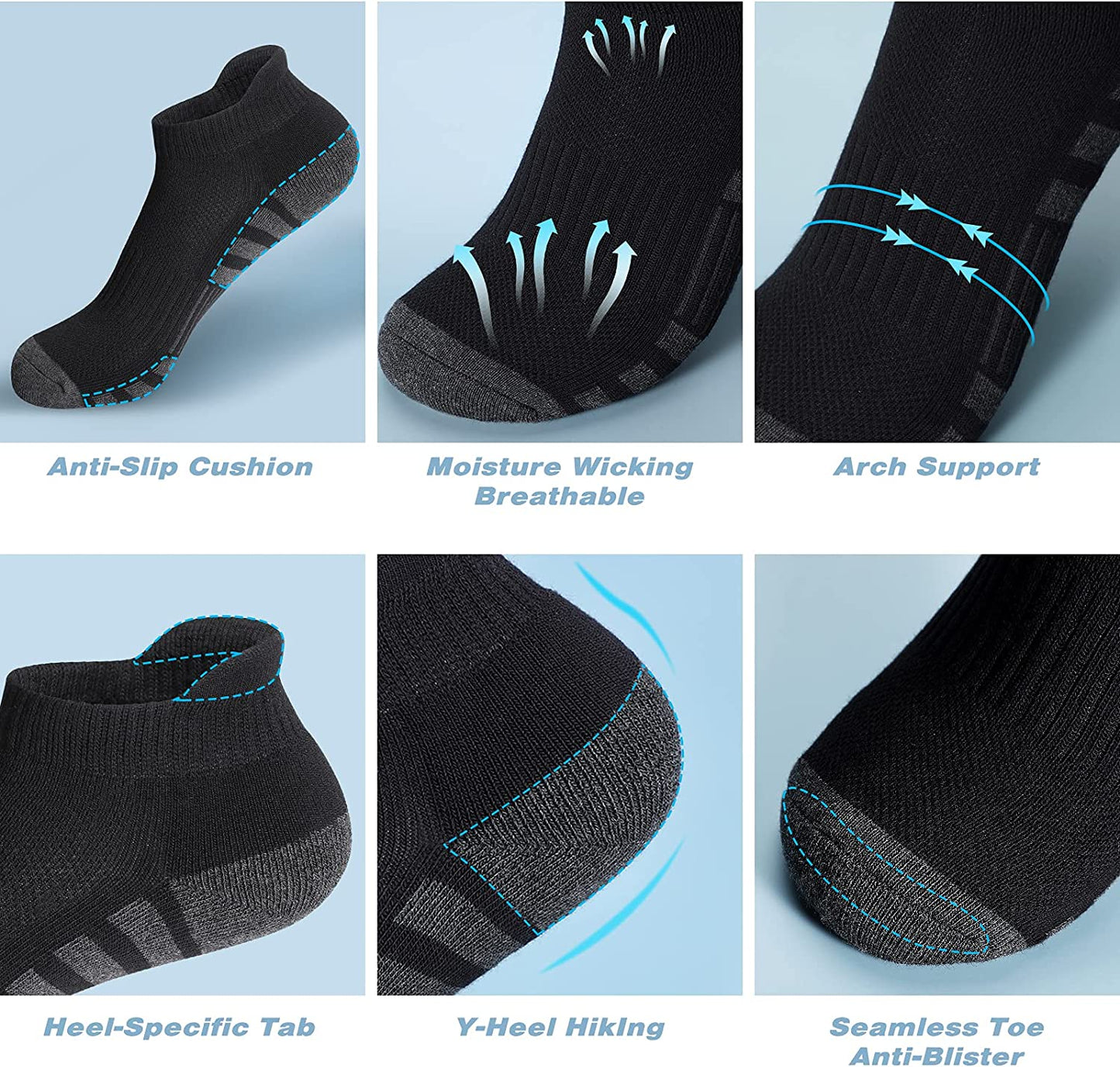 Athletic Running Ankle Socks, Low Cut Cushioned Performance Anti-Blister Tab Sports Socks for Men Women 6 Pairs