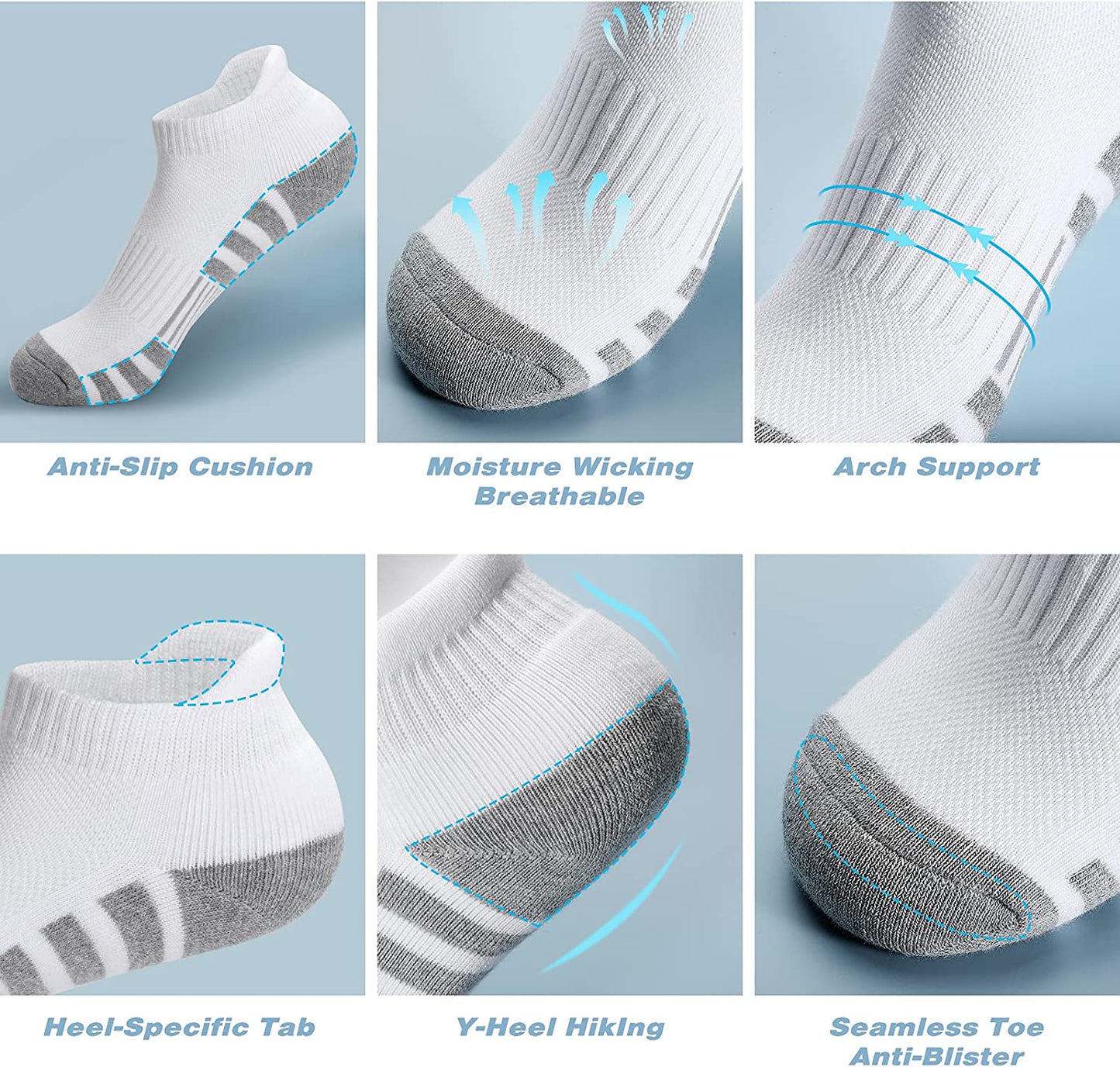 Athletic Running Ankle Socks, Low Cut Cushioned Performance Anti-Blister Tab Sports Socks for Men Women 6 Pairs